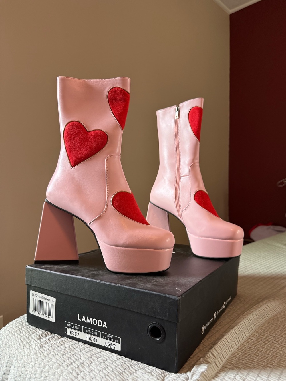LAMODA Pink Platform Boots with Red Heart Appliqués